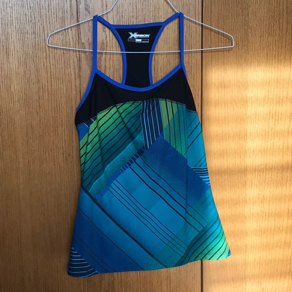 Ladies blue, teal and black tank top with built in bra. Size medium.